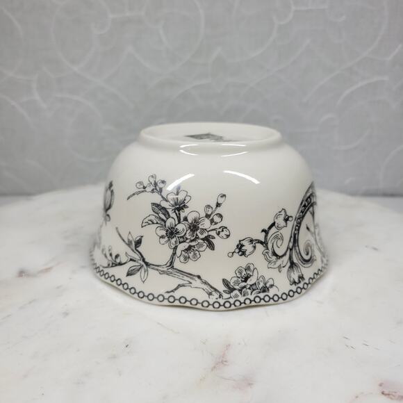222 Fifth Adelaide Bowl 5.5" Silver Floral Bird White Porcelain Round Scalloped - Picture 10 of 14